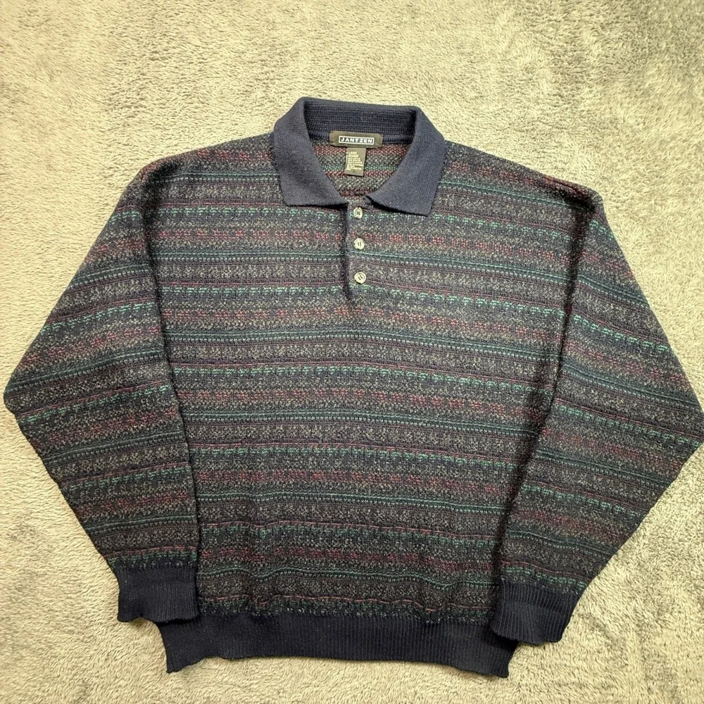 Jantzen Knit Sweater Mens Large Blue Multi Color Excellent Vintage Polo Striped